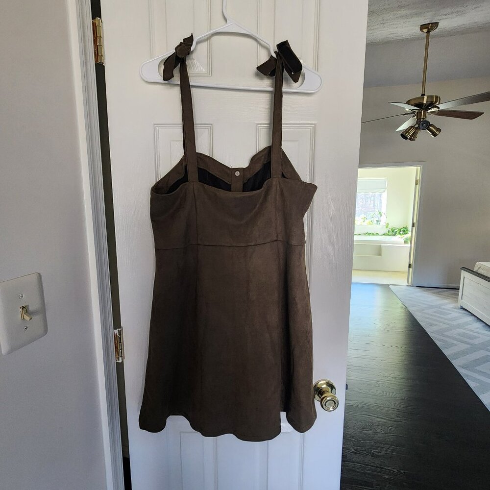 Allegra K Faux Suede Olive Green Button Decor A-Line Mini Overall Dress | Large - Picture 2 of 6